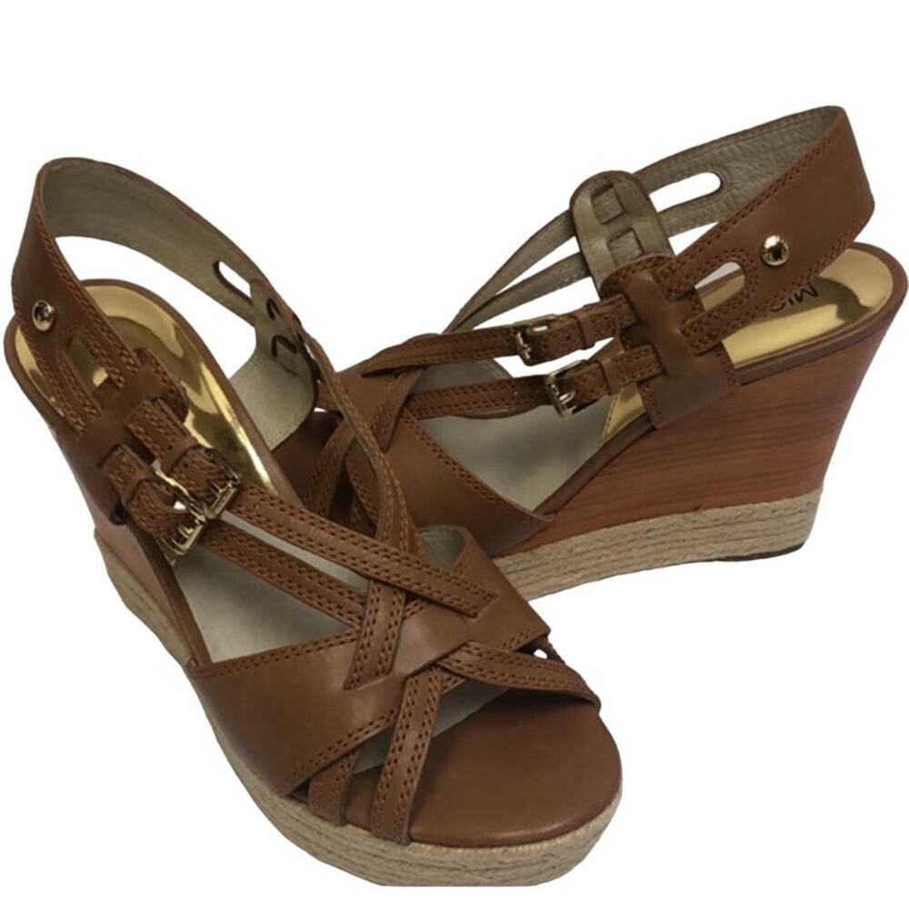 Michael Kors Keli Wedge Leather Espadrille Crossover Heel Sandal Brown Tan 8.5